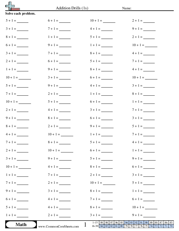 Addition Worksheets - 1s (horizontal) worksheet